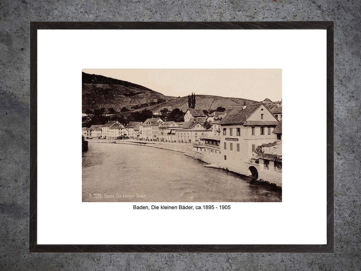 Baden – Die kleinen Bäder ca. 1895–1905 – Historische Ansicht an der Limmat – Gerahmter Print