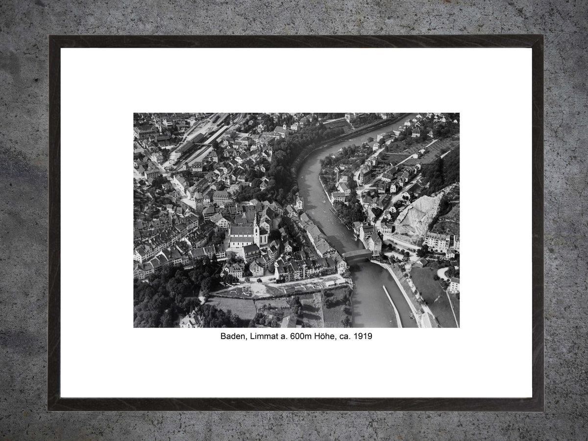 Baden & Limmat ca. 1919 – Historische Luftaufnahme aus 600 m Höhe – Gerahmter Print