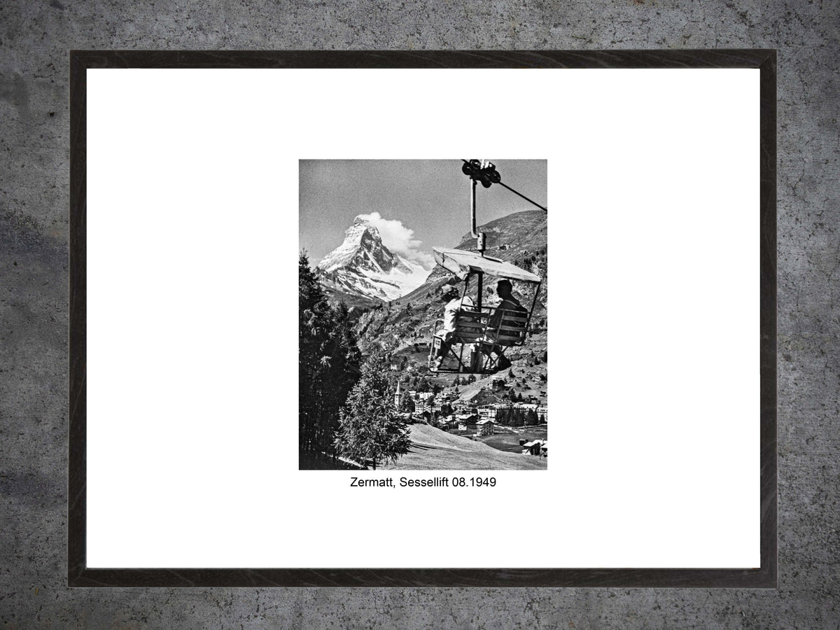 Zermatt Sessellift mit Matterhorn, August 1949 – Gerahmter historischer Print