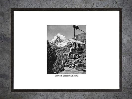 Zermatt Sessellift mit Matterhorn, August 1949 – Gerahmter historischer Print